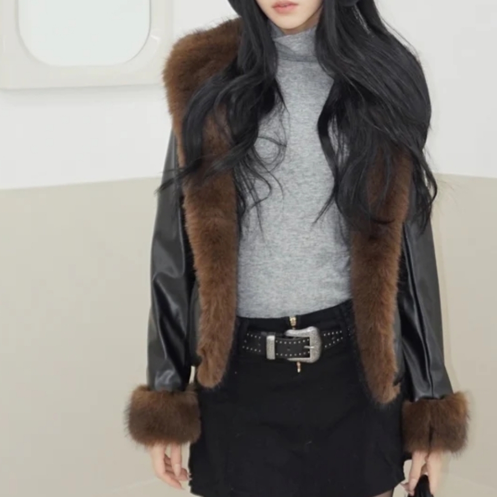 Chic Mood Brown Fur Cardigan faux leather jacket black brown small - Picture 1 of 9